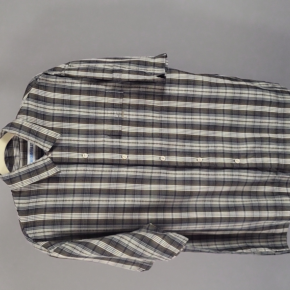 Vintage Canyon River Blues Stripes Short Sleeve Button Down Shirt, Men's Size M